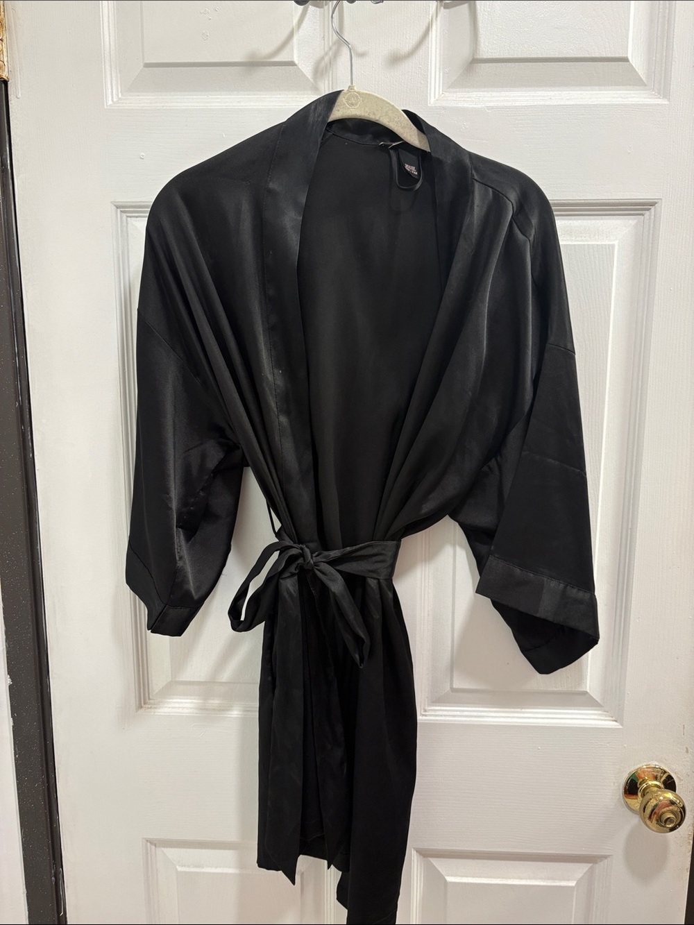 Black Satin Tie-Waist Kimono Robe